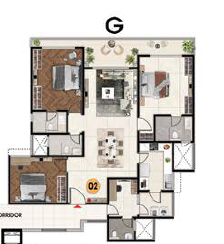 Unit G (Tower 2, 02) — 3 BHK plan ⭐ Best unit